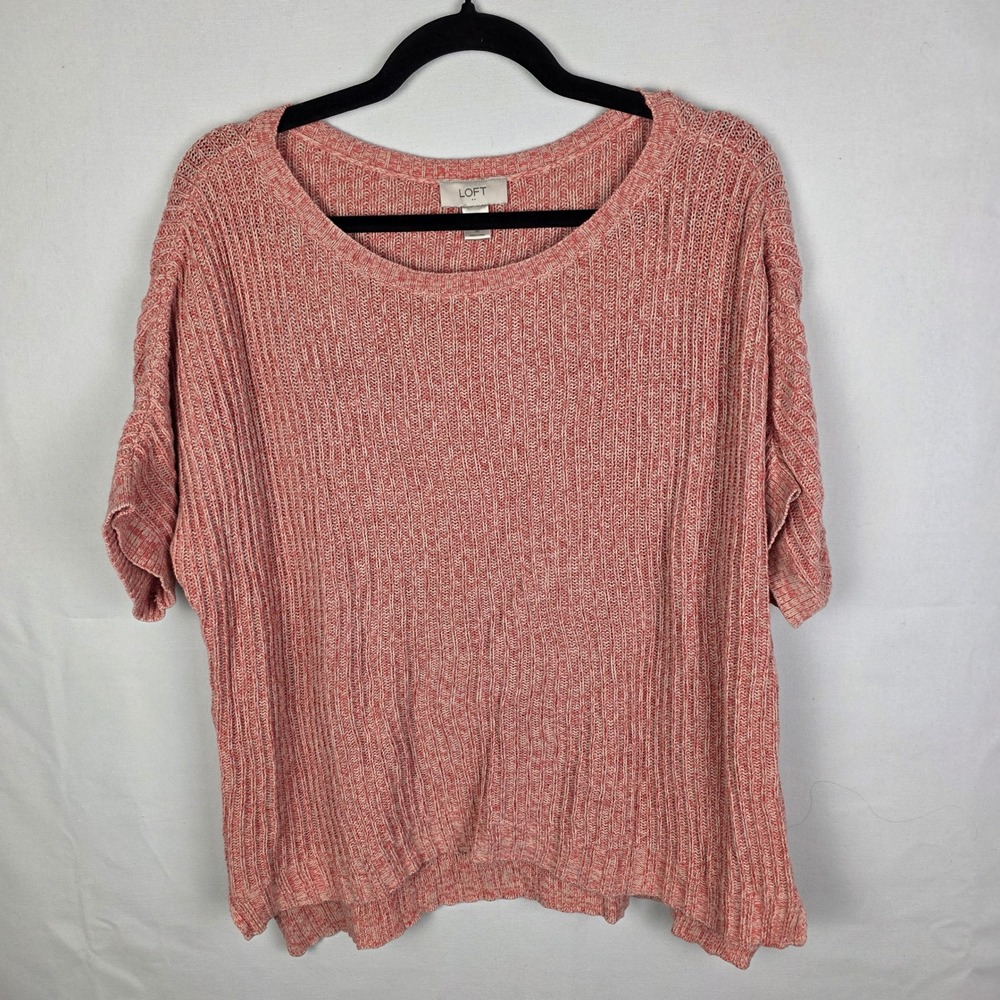 Loft Womens Medium Coral Pink‎ Marled Cotton Knit Short Sleeve Boxy Sweater Top
